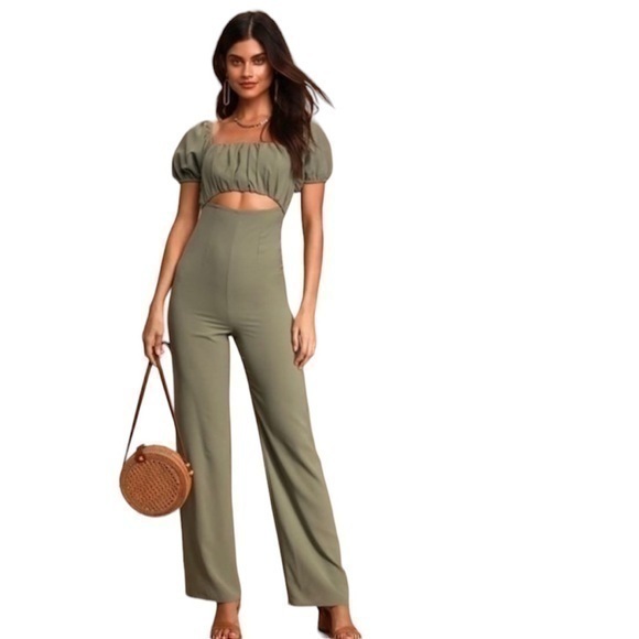 LULUS sage green puff sleeve cutout jumpsuit - Picture 1 of 14